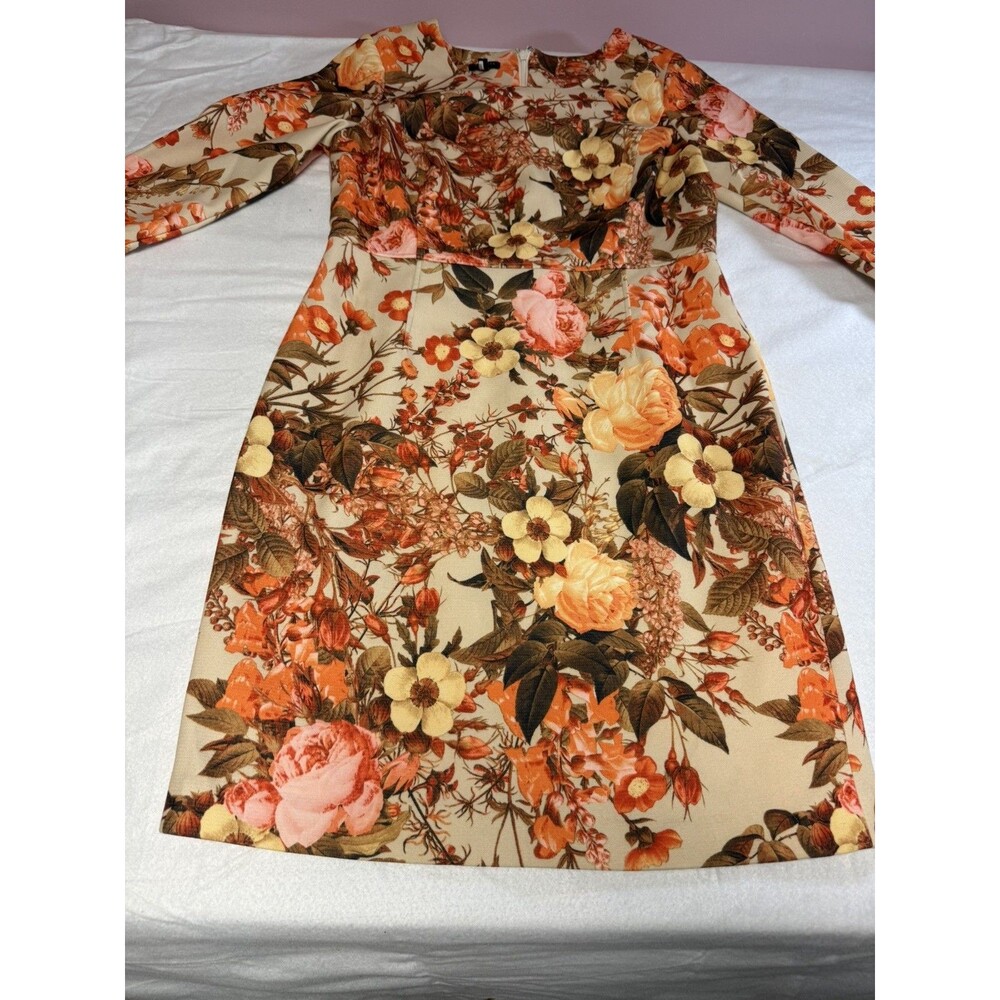 TALBOTS 10 P Sheath Dress Fall Floral Print Peony Rose 3/4 Sleeve Beige Knee